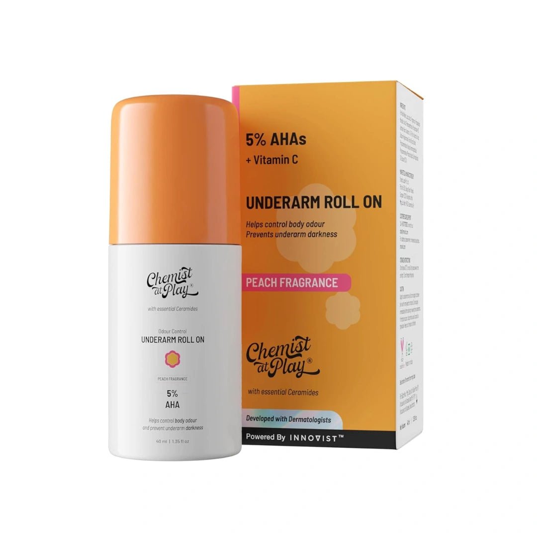 Chemist at Play UnderArm Roll - On with 5% AHA, Lactic Acid & 1% Mandelic Acid | Peach Fragrance | Alcohol Free - 40ml - Deals999
