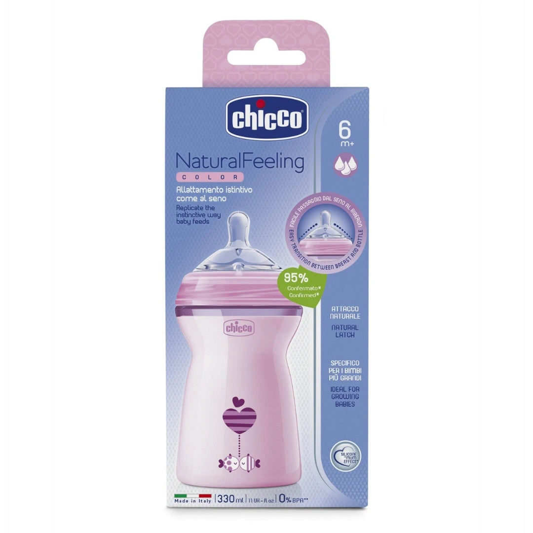 Chicco Natural Feeling 330ml Baby Milk Feeding Bottle with Wide Neck, Anti-Colic for Easy Milk Flow, for Babies & Toddlers 6m+ (Pink)