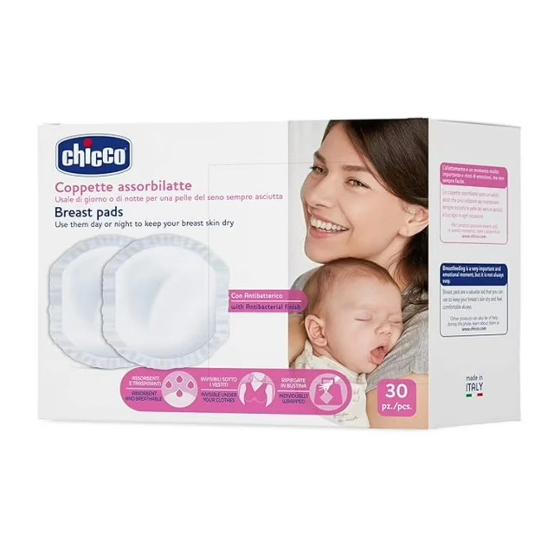 Chicco Anti-Bacterial Nursing Breast Pads, Ultra Thin & Breathable With Super Absorbent Technology, Dermatologically Tested (30 Pieces)