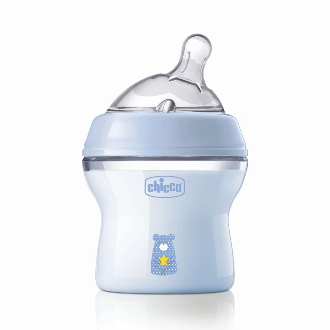 Chicco Natural Feeling 150ml Baby Milk Feeding Bottle with Wide Neck, Anti-Colic for Easy Milk Flow, for Babies & Toddlers 0m+ (Blue)