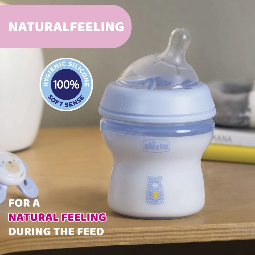 Chicco Natural Feeling 150ml Baby Milk Feeding Bottle with Wide Neck, Anti-Colic for Easy Milk Flow, for Babies & Toddlers 0m+ (Blue)