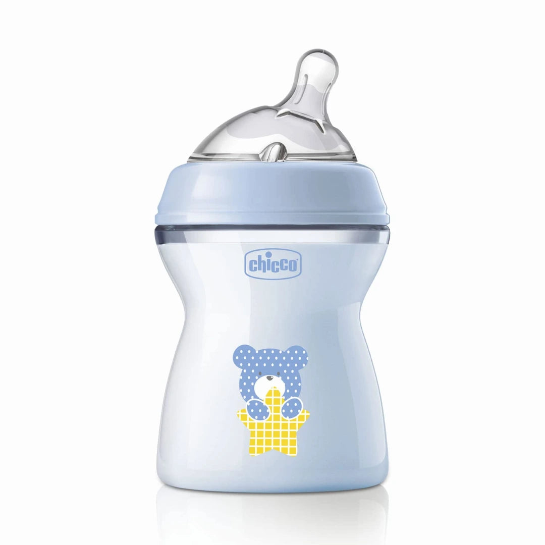 Chicco Natural Feeling 250ml Baby Milk Feeding Bottle with Wide Neck, Anti-Colic for Easy Milk Flow, for Babies & Toddlers 2m+ (Blue)