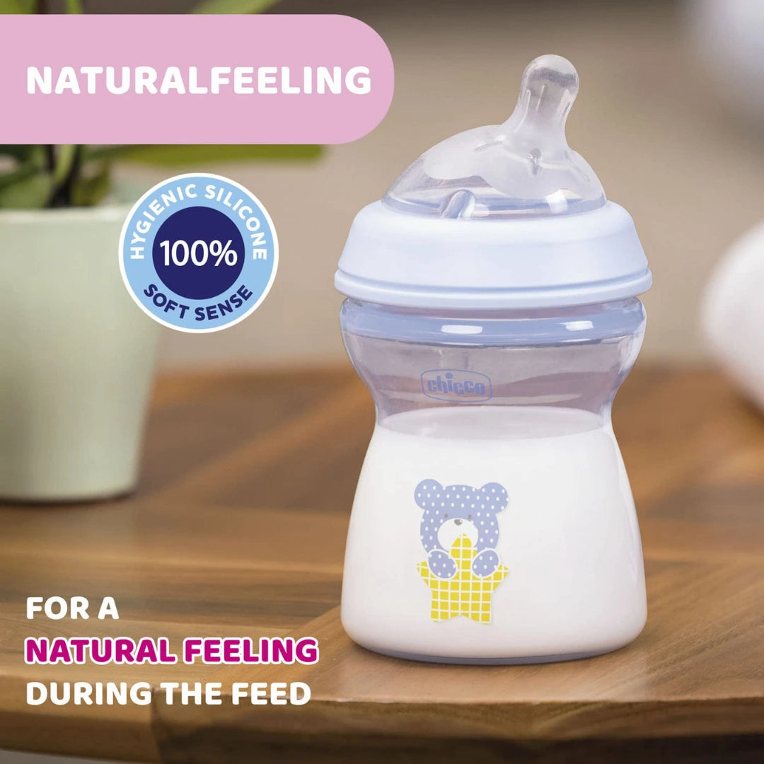 Chicco Natural Feeling 250ml Baby Milk Feeding Bottle with Wide Neck, Anti-Colic for Easy Milk Flow, for Babies & Toddlers 2m+ (Blue)