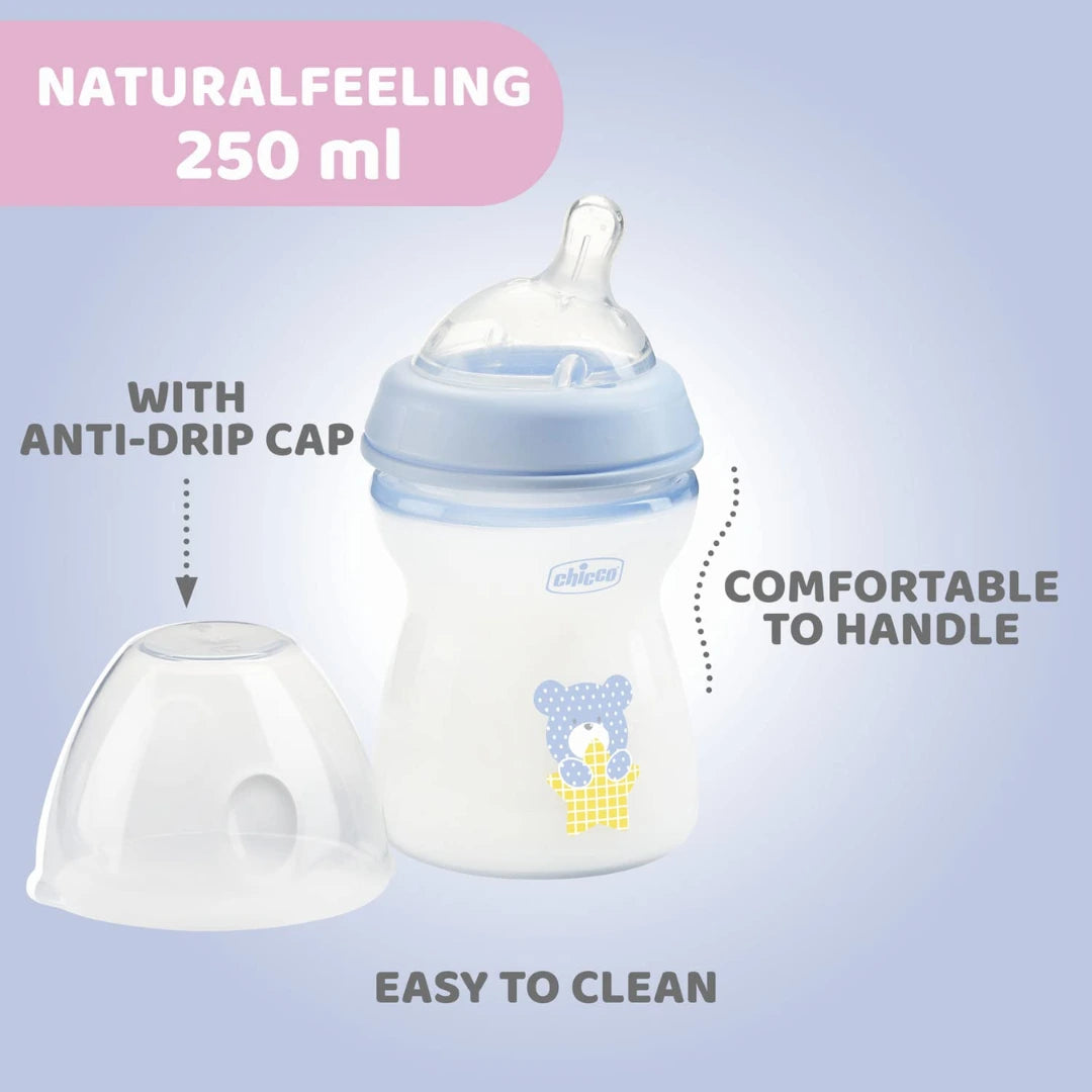 Chicco Natural Feeling 250ml Baby Milk Feeding Bottle with Wide Neck, Anti-Colic for Easy Milk Flow, for Babies & Toddlers 2m+ (Blue)