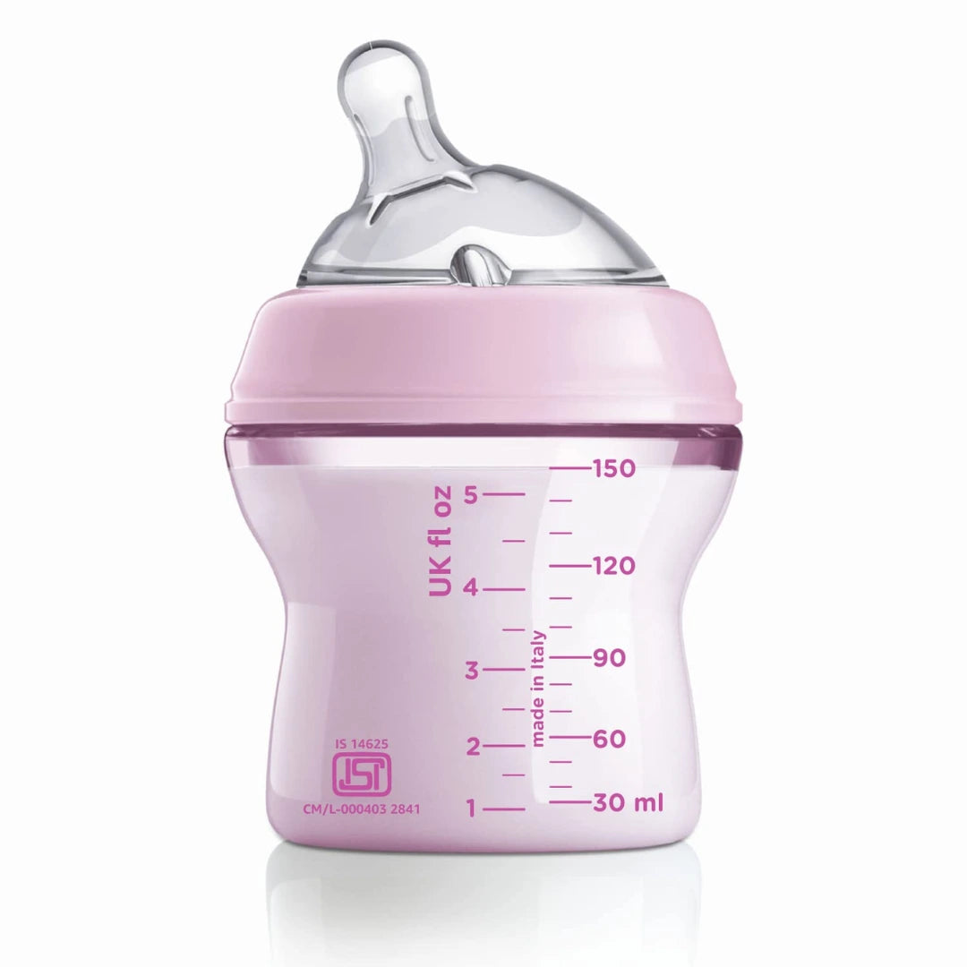 Chicco Natural Feeling 150ml Baby Milk Feeding Bottle with Wide Neck, Anti-Colic for Easy Milk Flow, for Babies & Toddlers 0m+ (Pink)