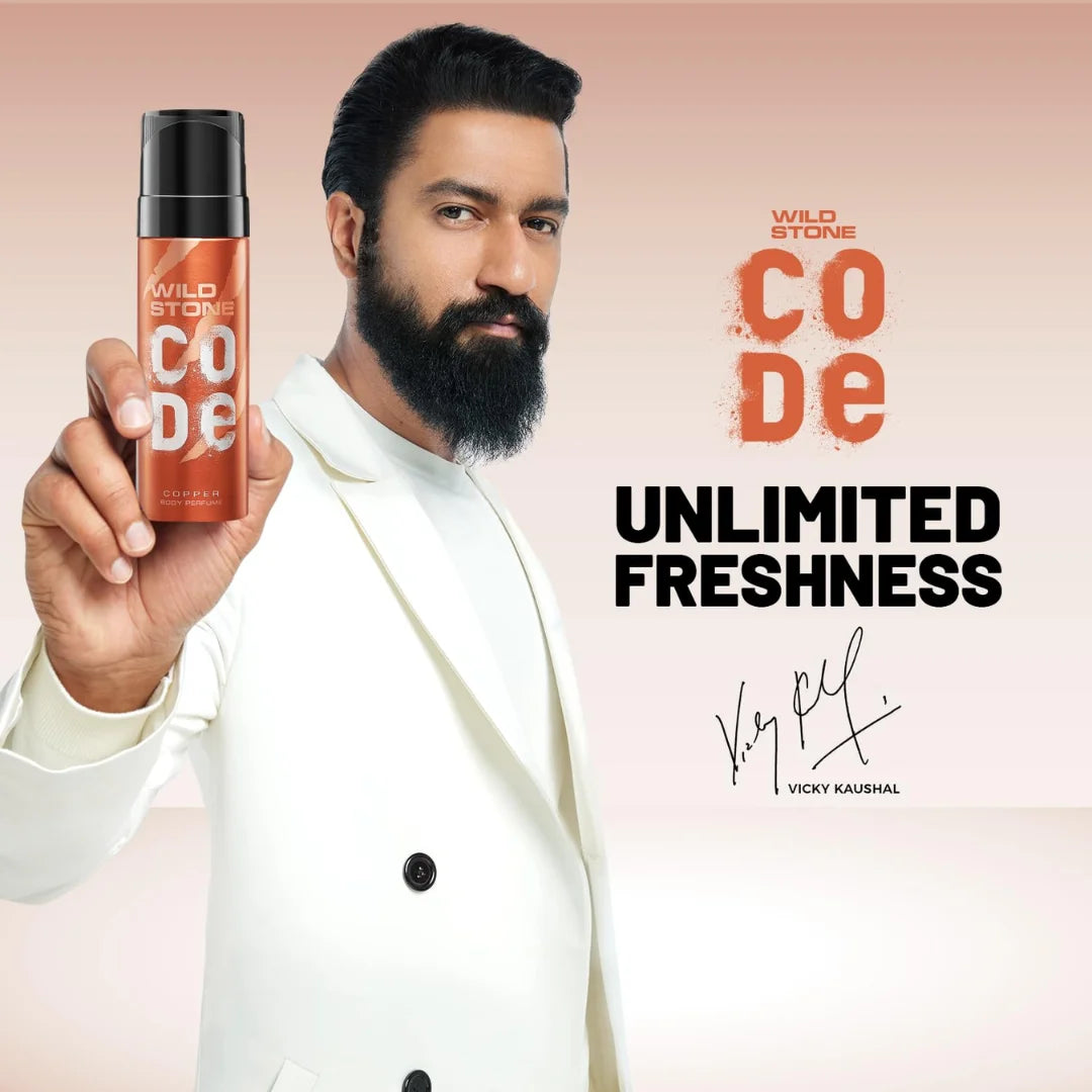 WILD STONE CODE Copper Long Lasting No Gas Body Perfume Spray for Men, 120Ml