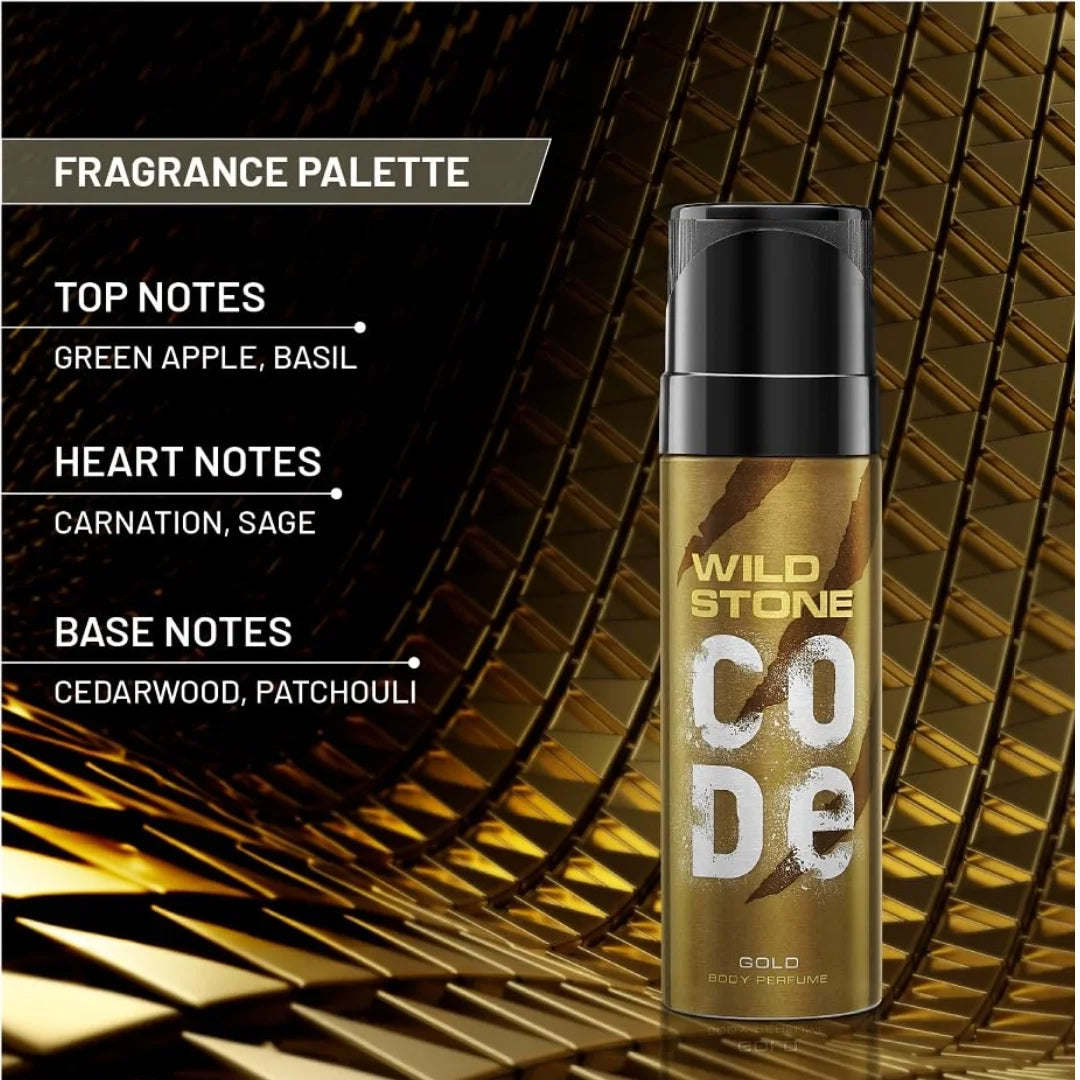 WILD STONE CODE Gold Fresh Scented Body Perfume For Men, 120Ml |No Gas Deodorant|