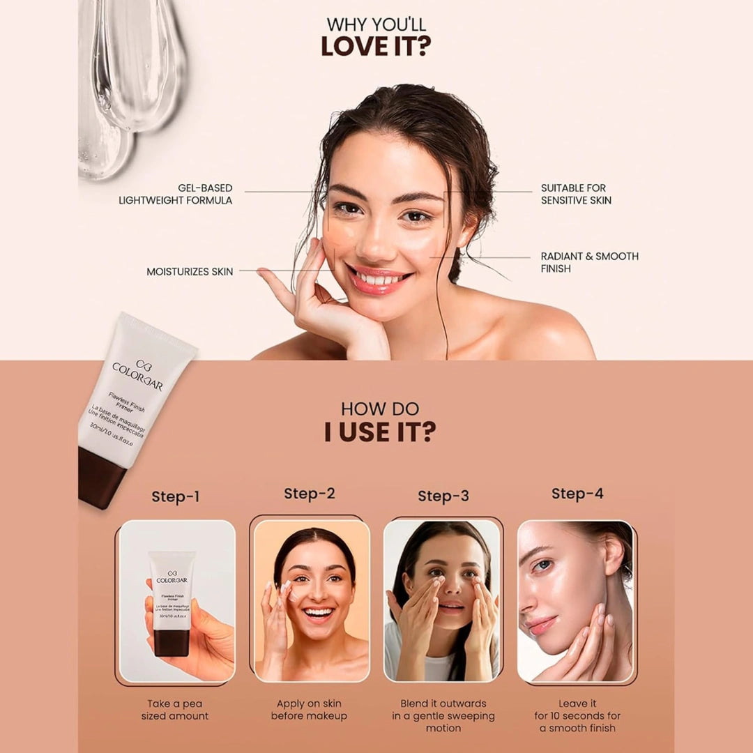 Colorbar Cosmetics Flawless Finish Primer 30 ml, Transparent |Moisturizes Skin | Gel based light weight formula |Provides Radiant & Smooth Finish