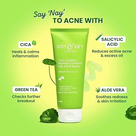 Dot & Key CICA Face Wash for Acne Prone Skin, 2% Salicylic Acid with Green Tea | For Oily & Sensitive Skin | Sulphate Free for Men & Women | Oil Control Face Wash with Zinc | 100ml - Deals999