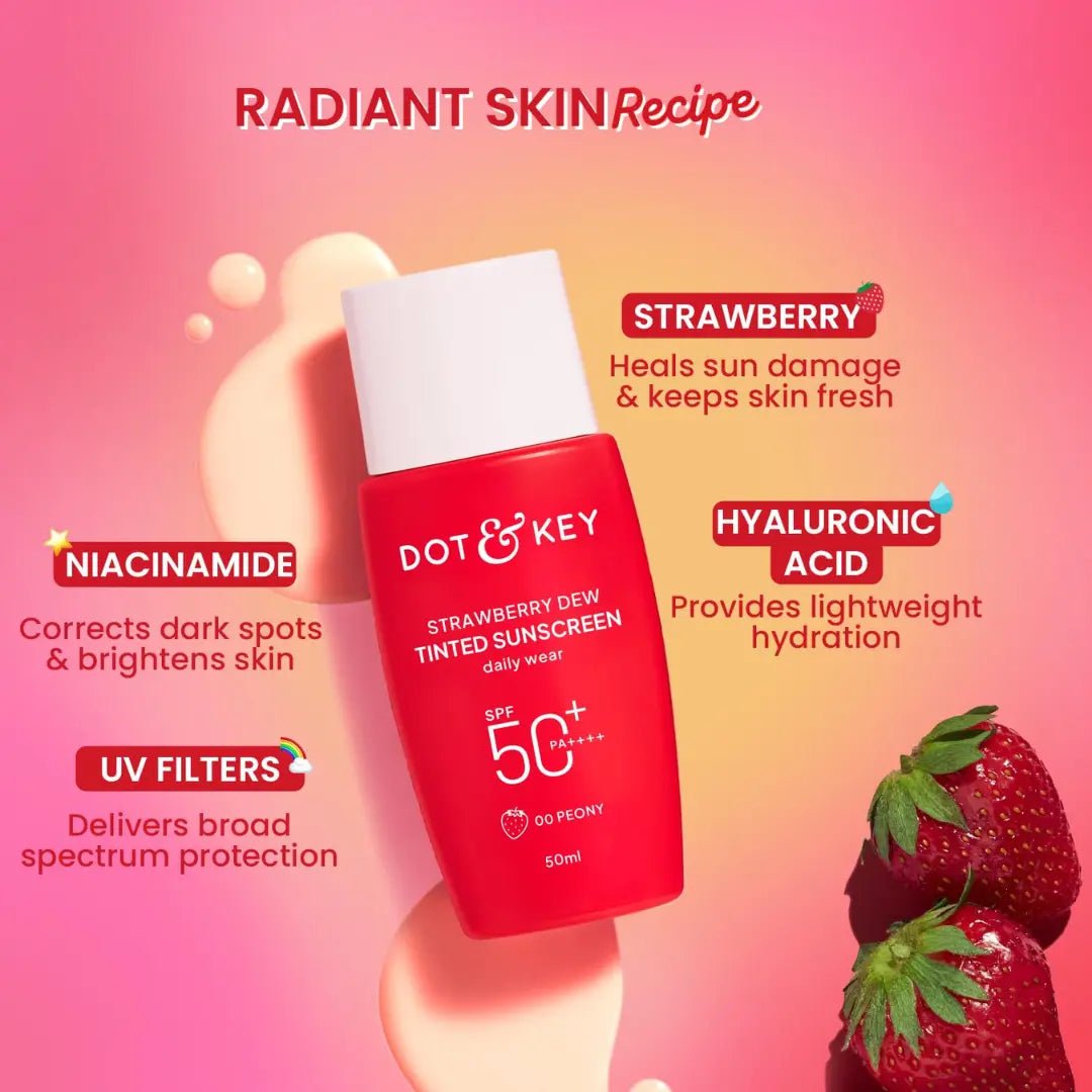 Dot & Key Strawberry Dew Tinted Sunscreen In - Vivo Tested SPF 50+ PA++++ With New - Age UV Filters, Brightens & Protects Skin, Ultra - light, Blends Easily, With Niacinamide, Natural Finish, Non - Sticky 50ml - Deals999