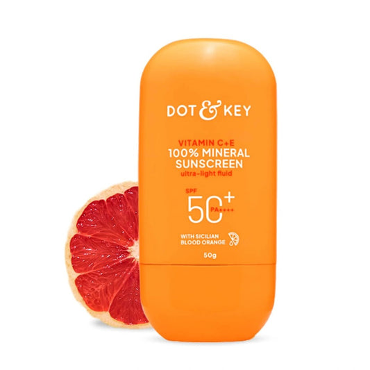 Dot & Key Vitamin C + E 100% Mineral Sunscreen In - Vivo Tested SPF 50+ PA++++ | No White Cast, Lightweight Fluid, With Zinc Oxide & Titanium Dioxide | Blends Easily, Boosts Natural Glow, Non - Greasy | 50gm - Deals999