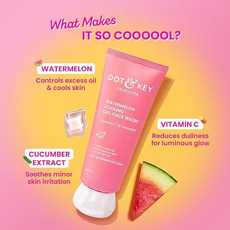 Dot & Key Watermelon Cooling Gel Face Wash With Vitamin C & Cucumber | Face Wash For Glowing Skin|Oil Free |Removes Excess Oil & Dirt | For Combination & Oily Skin| For Women & Men|100Ml - Deals999