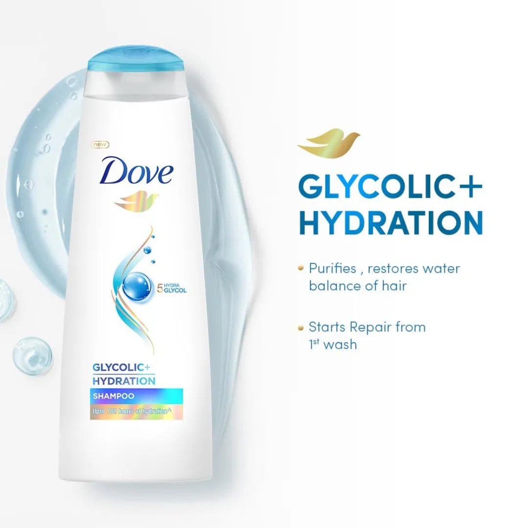Dove Glycolic + Hydration Shampoo 650 ml with 5% Hydra - Glycol for Upto 100 hours of hydrated, fluid hair. - Deals999