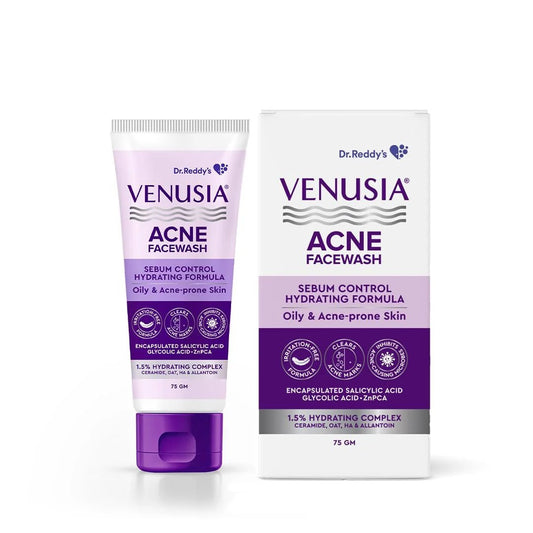 Dr. Reddy's Venusia Acne Facewash | Sebum Control & Hydrating Formula | Clears Acne-marks | Enriched with encapsulated Salicylic Acid, Glycolic Acid, Ceramide - Oat - HA Complex | Oily & Acne-Prone Skin | 75g - Deals999
