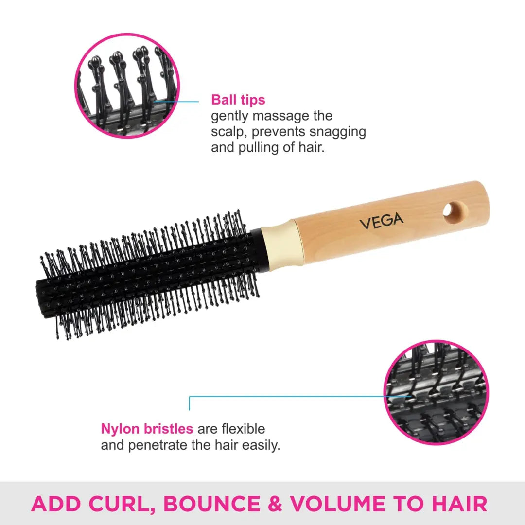 Vega Round and Roll Brush with Wooden Colored Handle and Black Colored Brush Head
