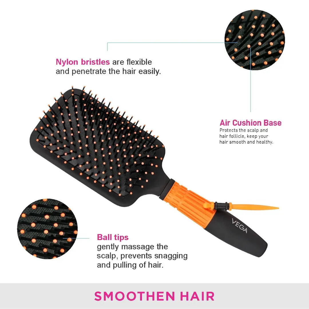 Vega Paddle Hair Brush (India's No.1* Hair Brush Brand) with Stick For Men and Women, Black & Orange, (E15-PB)