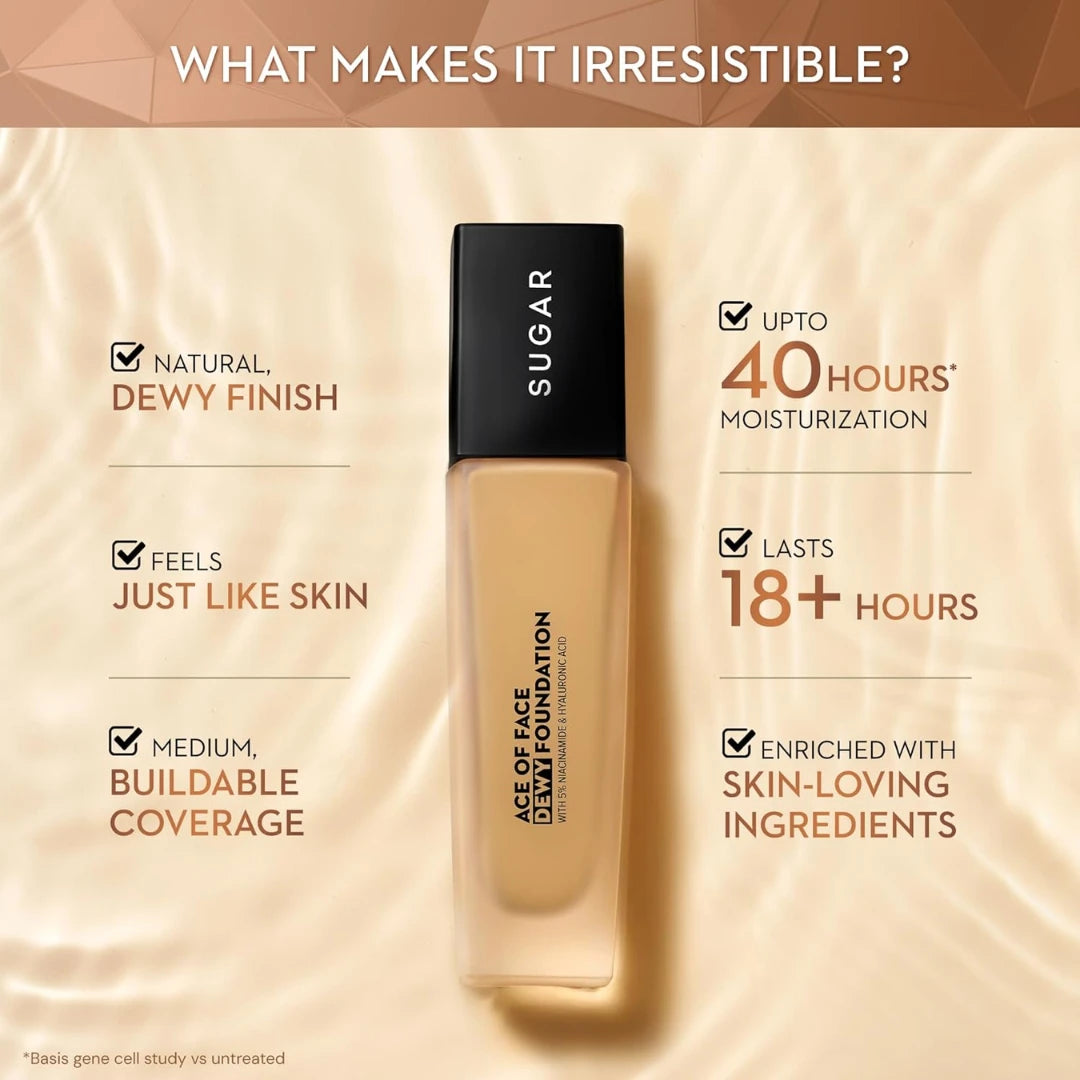 SUGAR Cosmetics Ace Of Face Dewy Foundation with 5% Niacinamide & Hyaluronic Acid | Lasts upto 18hrs |