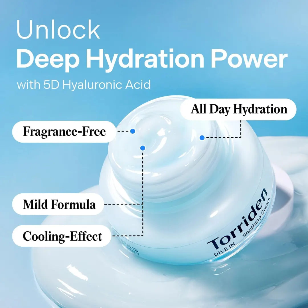 TORRIDEN DIVE-IN Low-Molecular Hyaluronic acid Soothing Cream 3.38 fl oz | Facial Moisturizer Gel for Sensitive, Dry Skin | Fragrance-free, Alcohol-free, No Colorants | Vegan, Clean, Cruelty-Free