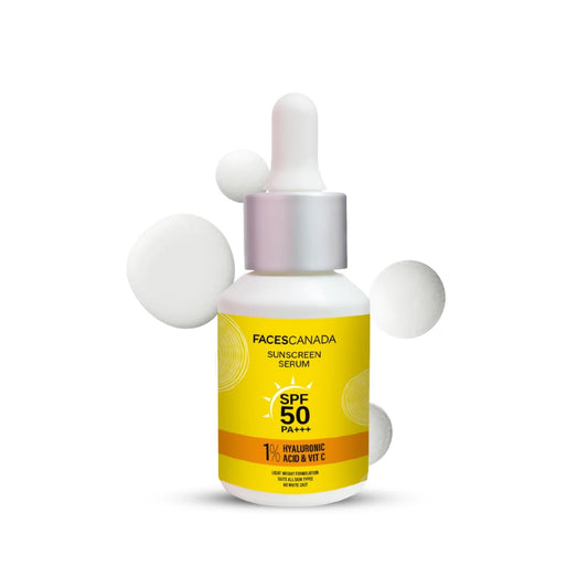 FACES CANADA Sunscreen Serum, 30ml | SPF 50 PA+++ | Protects From UVA & UVB Rays | 1% Hyaluronic Acid & Vitamin C | Lightweight | No White Cast | Natural Radiant Glow| No Alcohol | No Parabens
