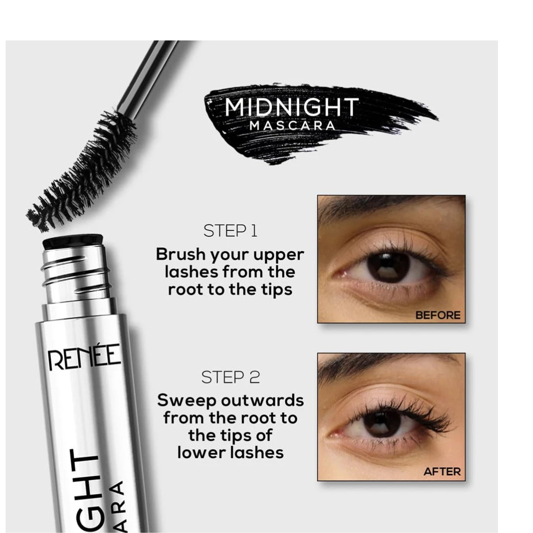 RENEE Midnight Mascara with Unique 360-Degree Wand | Darkest Black | Clump-Free | Long-Lasting Formula | Volumizes | Lengthens | Nourishes | Infused with Vitamin E | 8ml