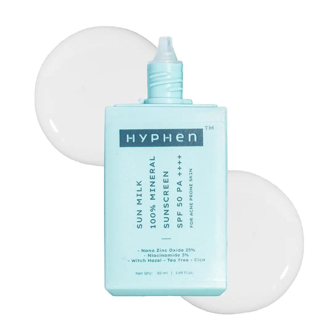 Hyphen Sun Milk 100% Mineral Sunscreen Spf 50 Pa++++ Uv+ Bluelight Protection, 25% Nano Zinc Oxide | Sensitive, Acne Prone & Oily Skin, Water Resistant Sun Protect | For Women And Men - 50 Ml