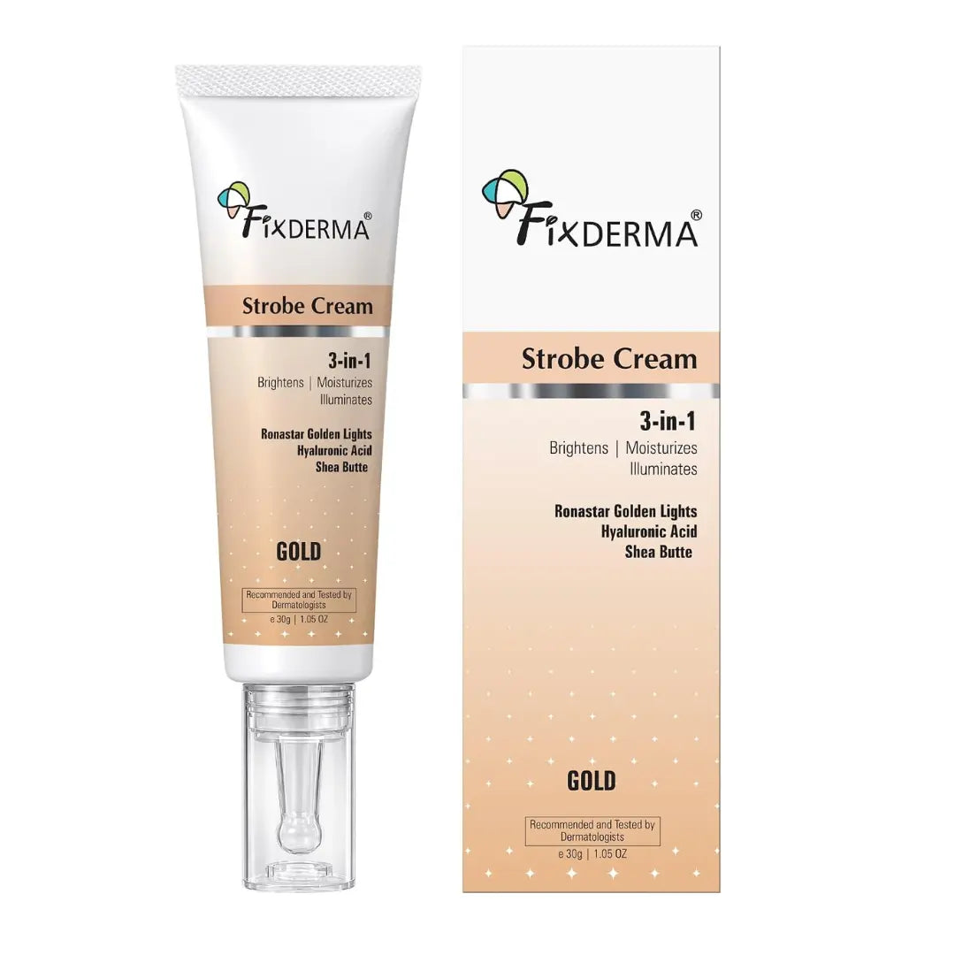 Fixderma Strobe Cream Gold 30g | Primer + Highlighter + Moisturizer | Shea Butter & Hyaluronic Acid | Intense Hydration | Flawless Radiant Dewy Skin | Illuminating & Glowing Makeup Base
