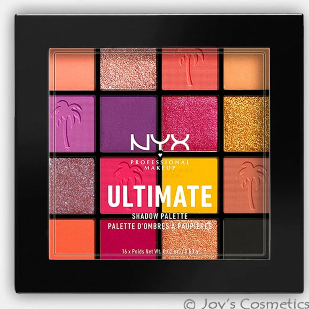 NYX Ultimate Shadow Palette with colorful eyeshadows on a black background