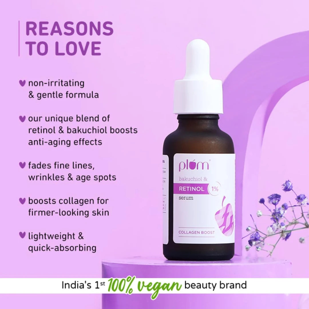 Plum 1% Retinol Anti-Aging Night Face Serum with Bakuchiol | Boosts Collagen, Reduces Fine Lines & Wrinkles | Retinol Serum for Face | for Women & Men | Beginner-Friendly | Suits All Skin Types | 30ml