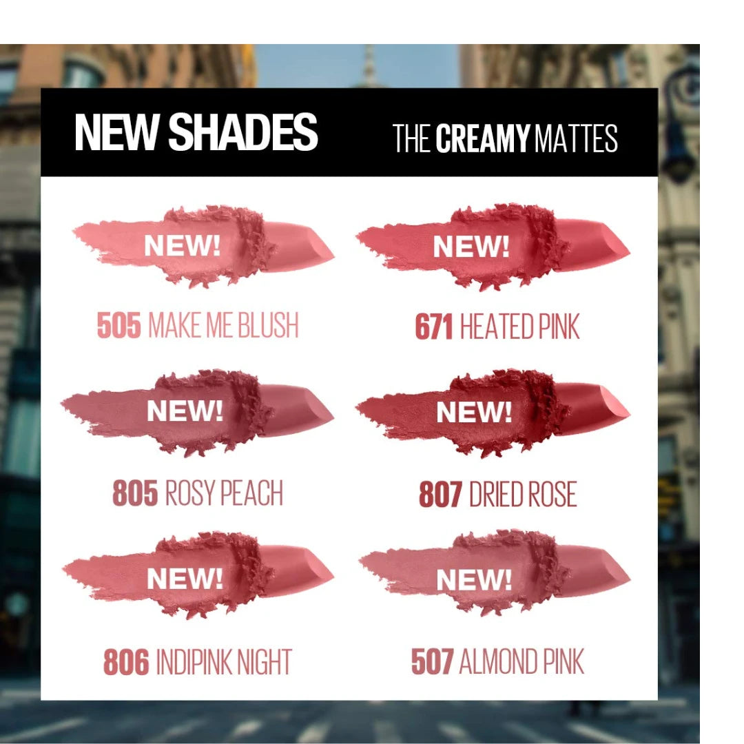 Maybelline New York Color Sensational Creamy Matte Lipstick lasts up to 12 Hours, Hydrate Lips, Rich Creamy Lipstick with Shea Butter, Available in 42 different Shades - 807 Dried Rose, 3.9g