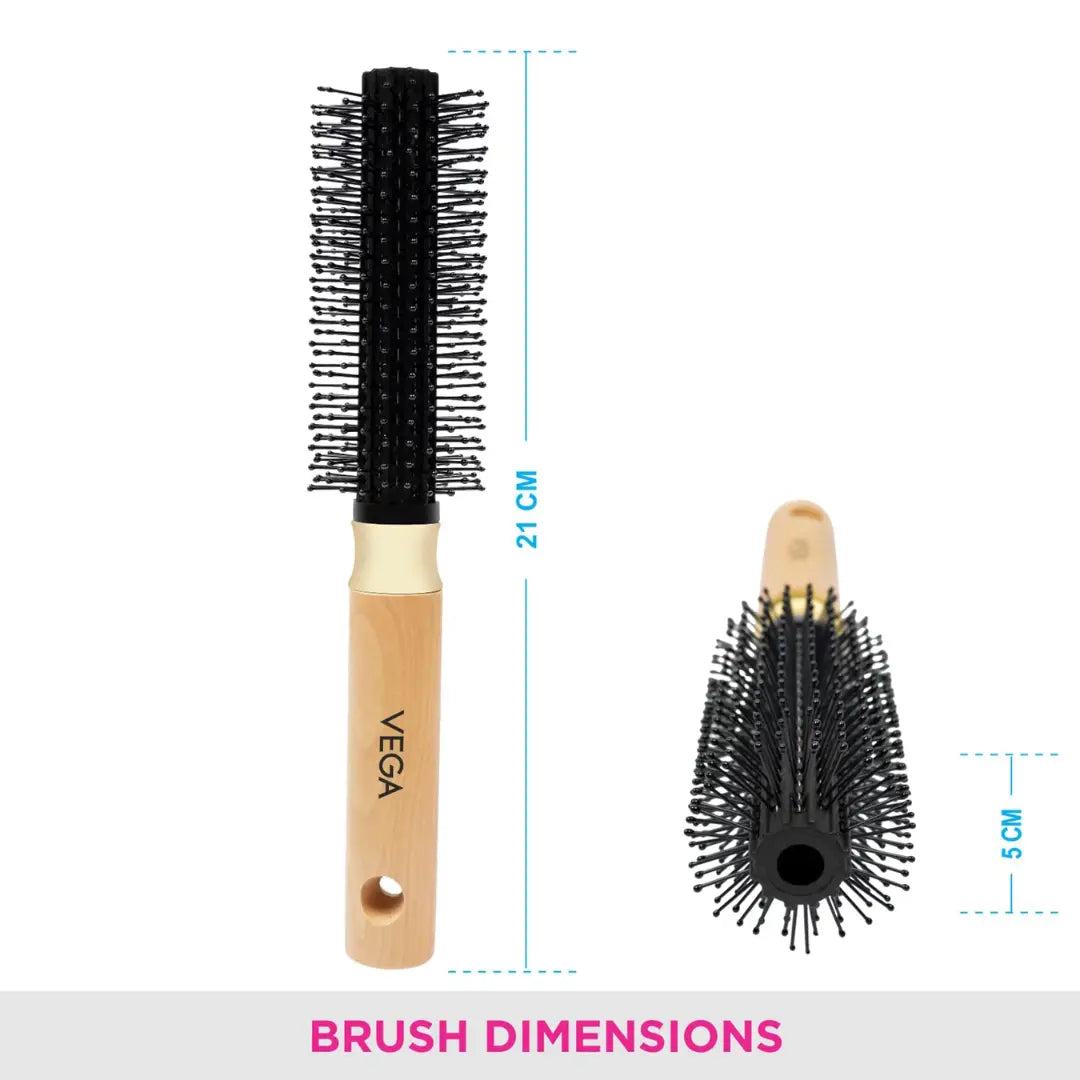 Vega Round and Roll Brush with Wooden Colored Handle and Black Colored Brush Head