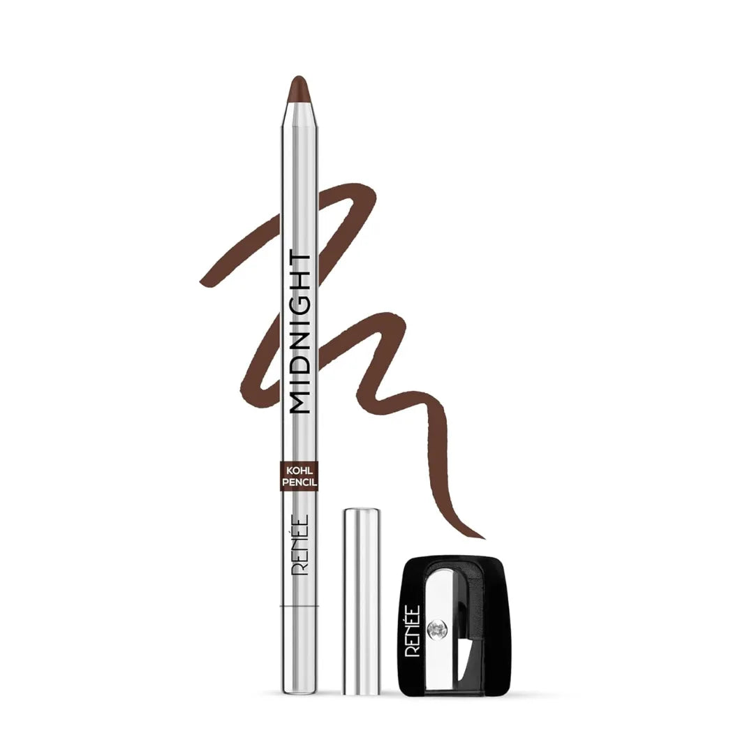 RENEE Midnight Kohl Kajal Pencil | Waterproof, Smudgeproof With Sharpener | 24 Hours Long Stay | brown  | One Swipe Application | Vitamin E, Olive Oil and Castor Oil | Matte Finish |1.5 Gm