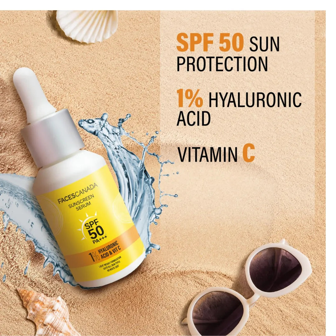 FACES CANADA Sunscreen Serum, 30ml | SPF 50 PA+++ | Protects From UVA & UVB Rays | 1% Hyaluronic Acid & Vitamin C | Lightweight | No White Cast | Natural Radiant Glow| No Alcohol | No Parabens