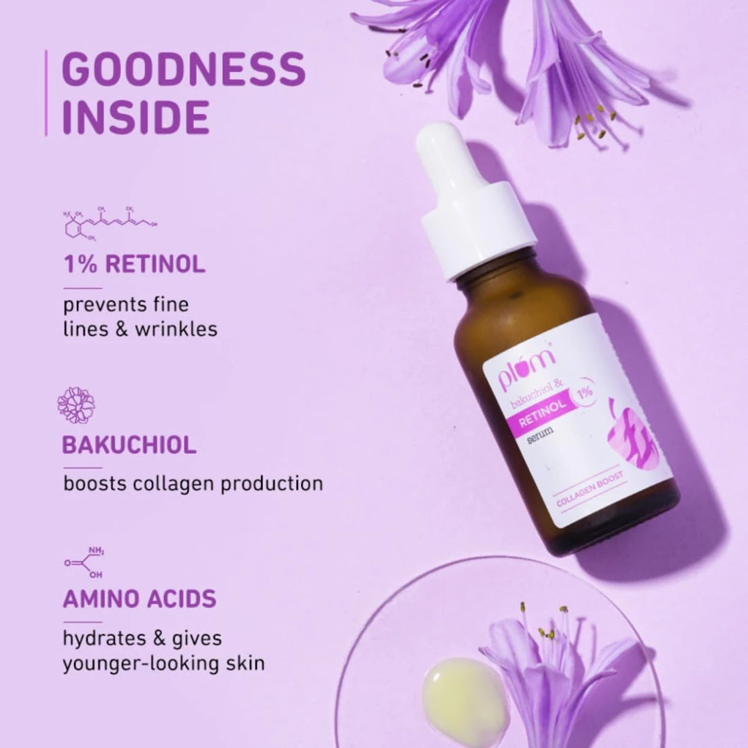 Plum 1% Retinol Anti-Aging Night Face Serum with Bakuchiol | Boosts Collagen, Reduces Fine Lines & Wrinkles | Retinol Serum for Face | for Women & Men | Beginner-Friendly | Suits All Skin Types | 30ml