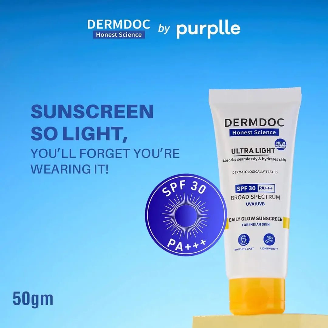 DermDoc All By Purplle Ultra Light Spf 30 Pa+++ Daily Glow Sunscreen (50Gm) | Sunblock | Lightweight | Non-Greasy | 0 White Cast