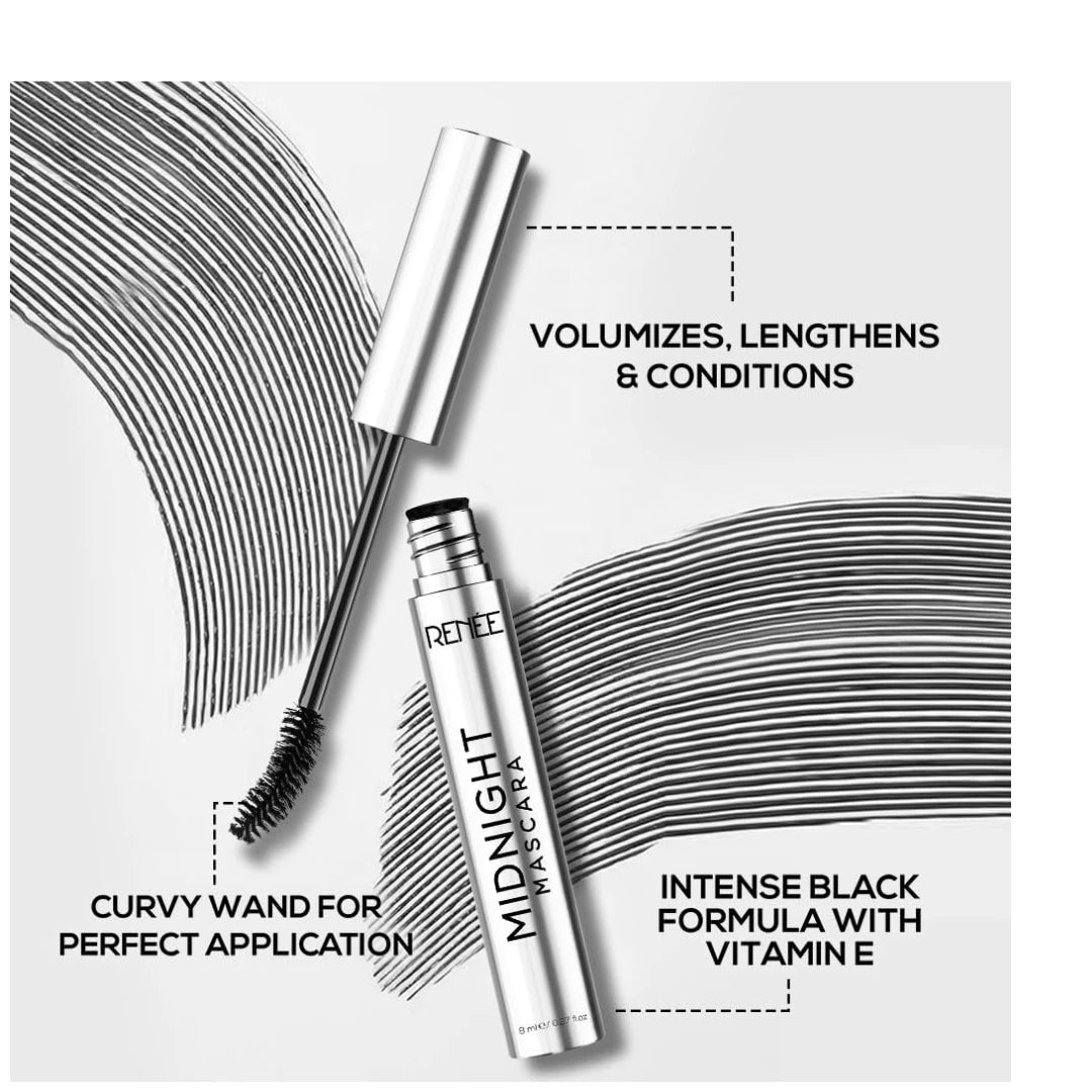 RENEE Midnight Mascara with Unique 360-Degree Wand | Darkest Black | Clump-Free | Long-Lasting Formula | Volumizes | Lengthens | Nourishes | Infused with Vitamin E | 8ml