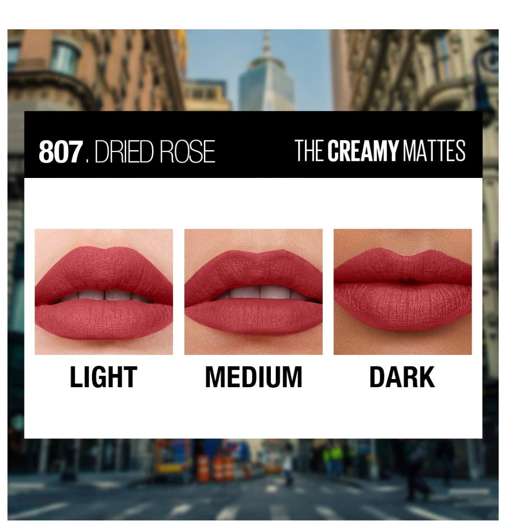 Maybelline New York Color Sensational Creamy Matte Lipstick lasts up to 12 Hours, Hydrate Lips, Rich Creamy Lipstick with Shea Butter, Available in 42 different Shades - 807 Dried Rose, 3.9g
