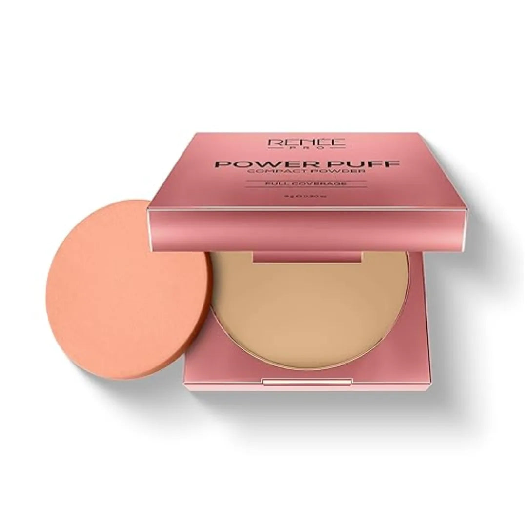 RENEE PRO Power Puff Compact Powder - Explore, Lightweight and Velvety Matte Finish, Helps Achieve Even Toned Skin, Minimizes Appearance Of Pores & Fine Lines, Helps Control Excess Oil & Shine, 9 Gm