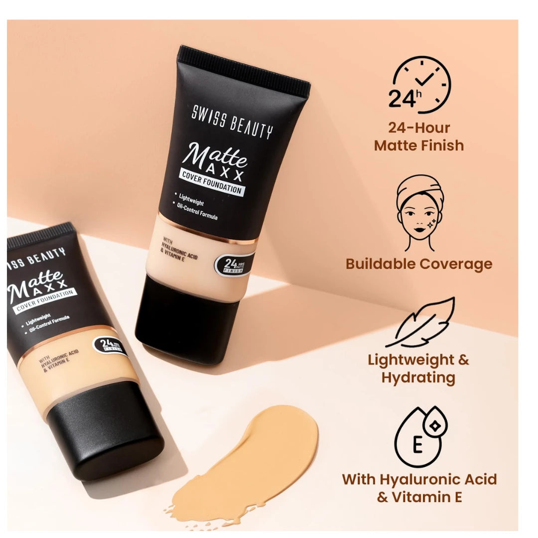 SWISS BEAUTY All Skin Matte Maxx Cover Foundation | 24- Hour Stay | With Hyaluronic Acid & Vitamin E | Oil-Control Formula | Shade 04 Medium Warm, 30g