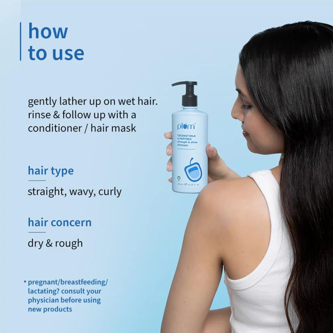 Plum Coconut Milk & Peptides strength & shine shampoo | Contains coconut milk, pea peptide | enhances hair's shine and strengthens hair | Paraben-Free| 100% vegan | 250ml