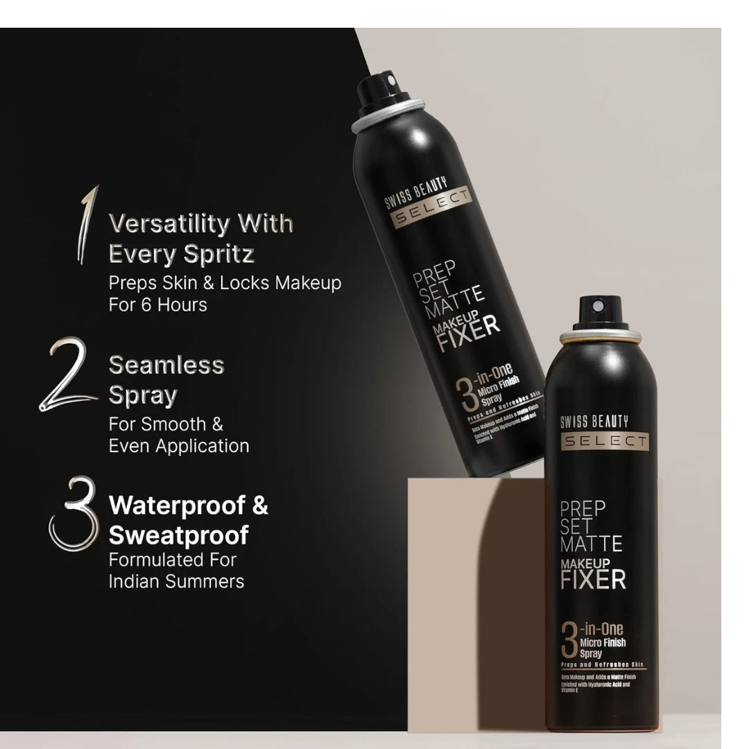 Swiss Beauty Prep Set Matte Makeup Fixer | Natural Matte Finish | With Vitamin E and Hyaluronic Acid | Long Lasting | 3-in-1 micro-fine spray | 120ml