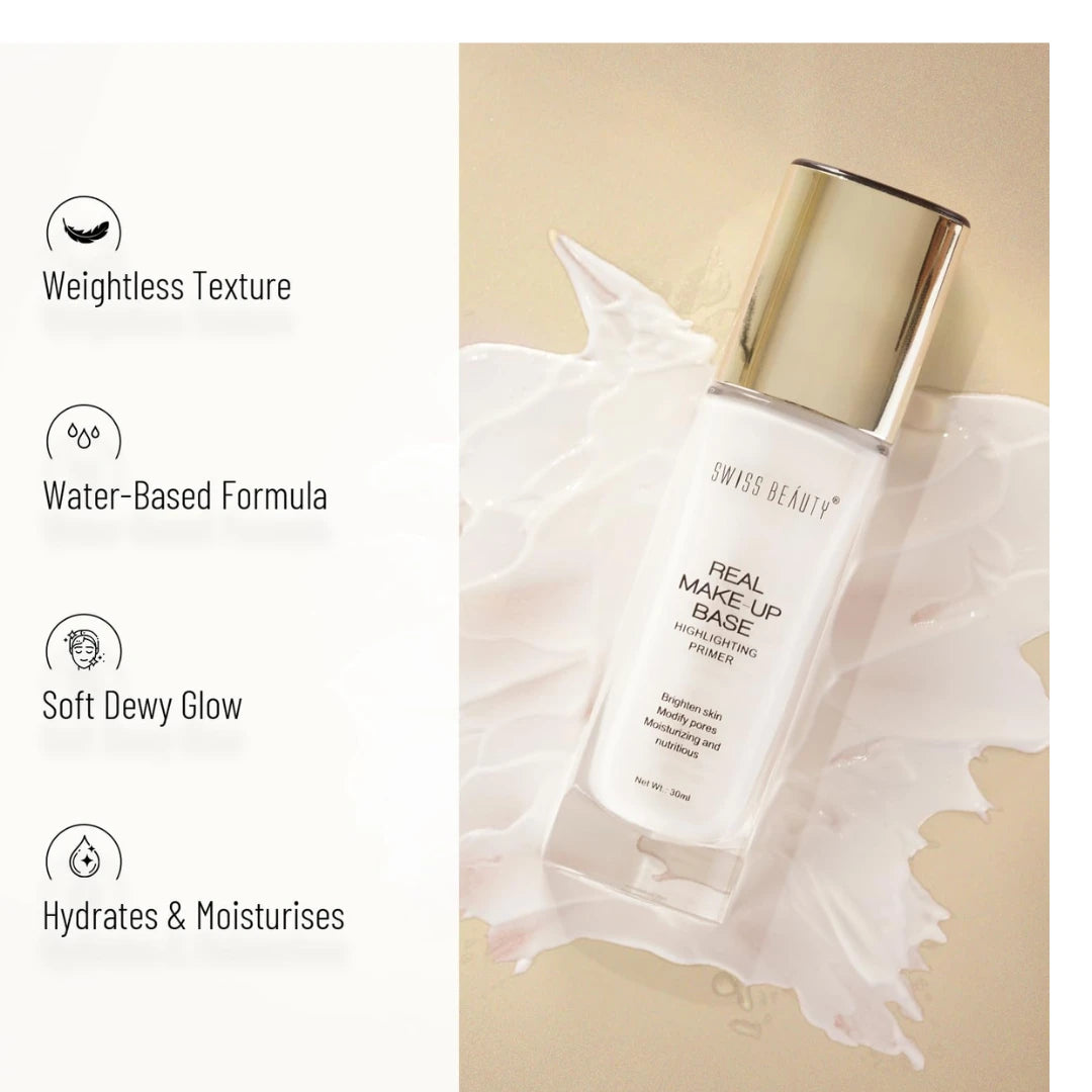 Swiss Beauty Real Makeup Base Highlighting Primer| Skin-Hydrating Poreless Primer With Natural Glow Finish For Face Makeup |Shade - Natural Tint, 32Ml