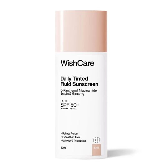 WishCare Daily Fluid Tinted Sunscreen SPF50 PA++++|| Broad Spectrum Protection for all skin types | In-Vivo Tested Tinted Sun Screen | D-Panthenol, Niacinamide, Ectoin & Ginseng | Evens & Protects | 50ml