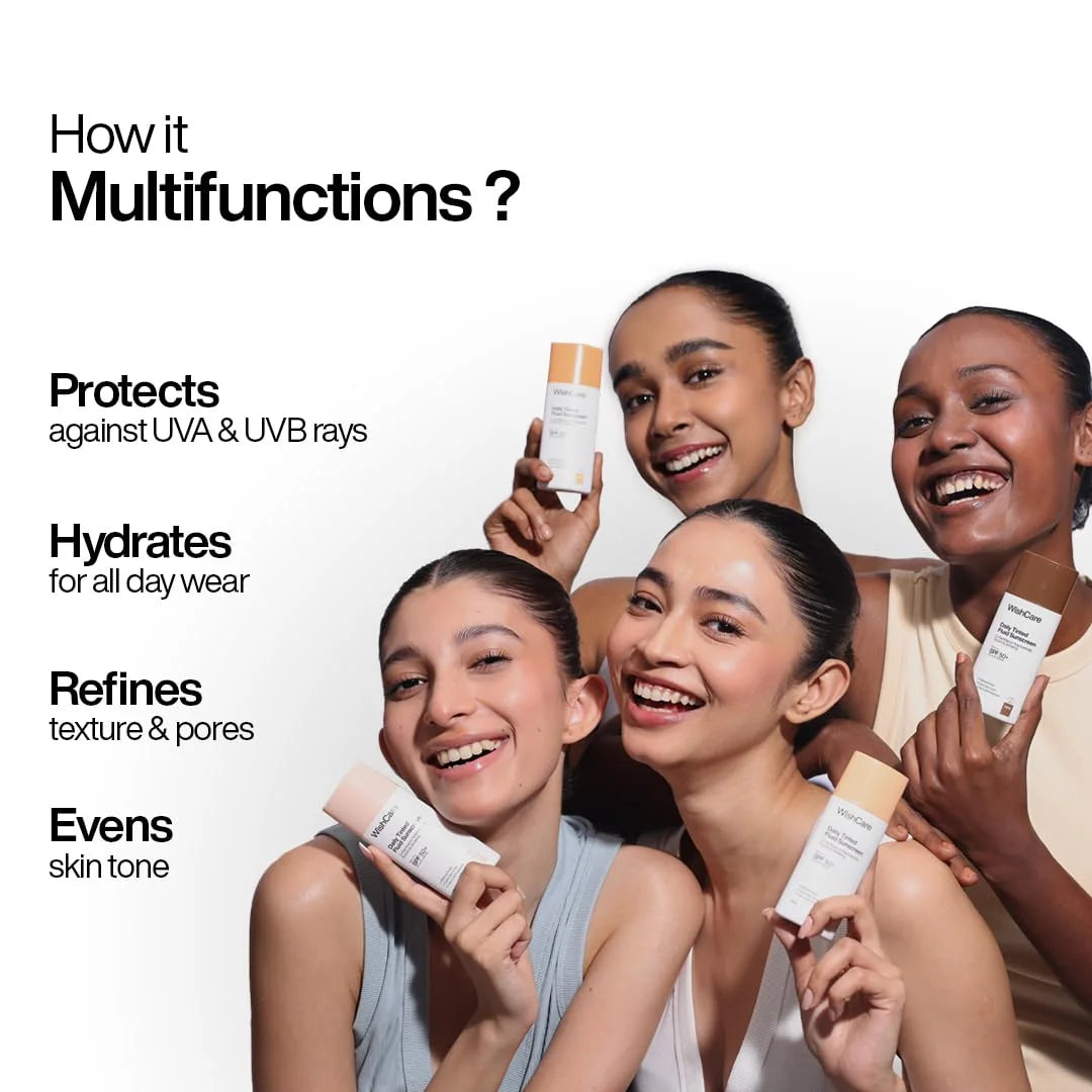 WishCare Daily Fluid Tinted Sunscreen SPF50 PA++++|| Broad Spectrum Protection for all skin types | In-Vivo Tested Tinted Sun Screen | D-Panthenol, Niacinamide, Ectoin & Ginseng | Evens & Protects | 50ml