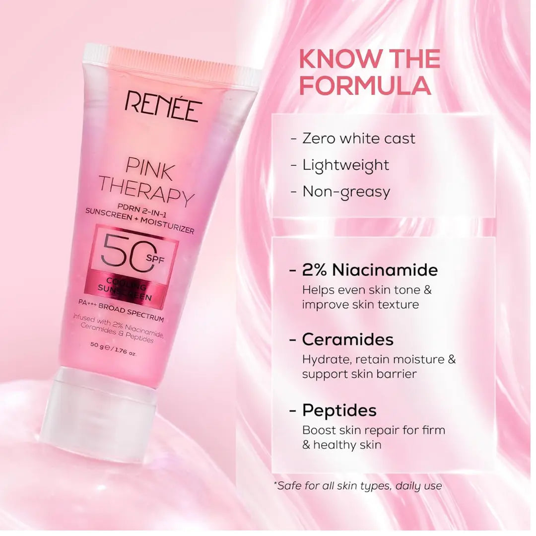 RENEE Pink Therapy PDRN 2-In-1 Sunscreen + Moisturizer SPF 50 PA+++ | In-Vivo Tested | With Niacinamide | Broad Spectrum UVA & UVB Protection | No..