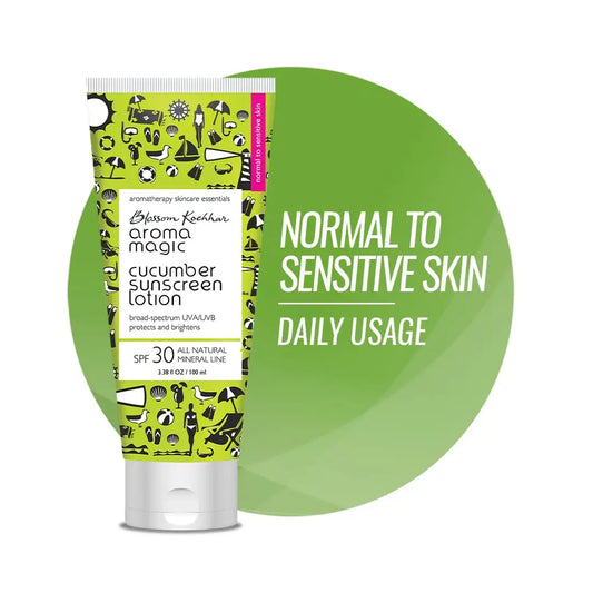 Aroma Magic Cucumber SPF 30 Sunscreen Lotion 100ml | for Normal to Sensitive Skin | Non-Nano Zinc Oxide, Wheatgerm & Coconut Oil | Cools, Soothes & Protects | No Parabens or Alcohol | Pack of 1