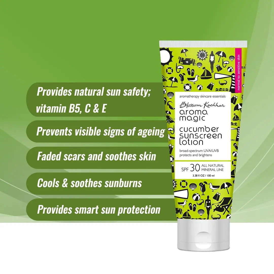 Aroma Magic Cucumber SPF 30 Sunscreen Lotion 100ml | for Normal to Sensitive Skin | Non-Nano Zinc Oxide, Wheatgerm & Coconut Oil | Cools, Soothes & Protects | No Parabens or Alcohol | Pack of 1
