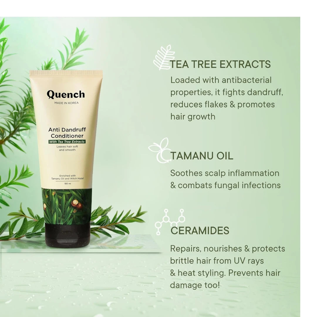 QUENCH Anti Dandruff Conditioner All With Tea Tree Extracts, Provides Deep Nourishment & Minimizes Dandruff, Leaves Hair Soft, Smooth & Silky, Made In Korea (180Ml), 1 Count
