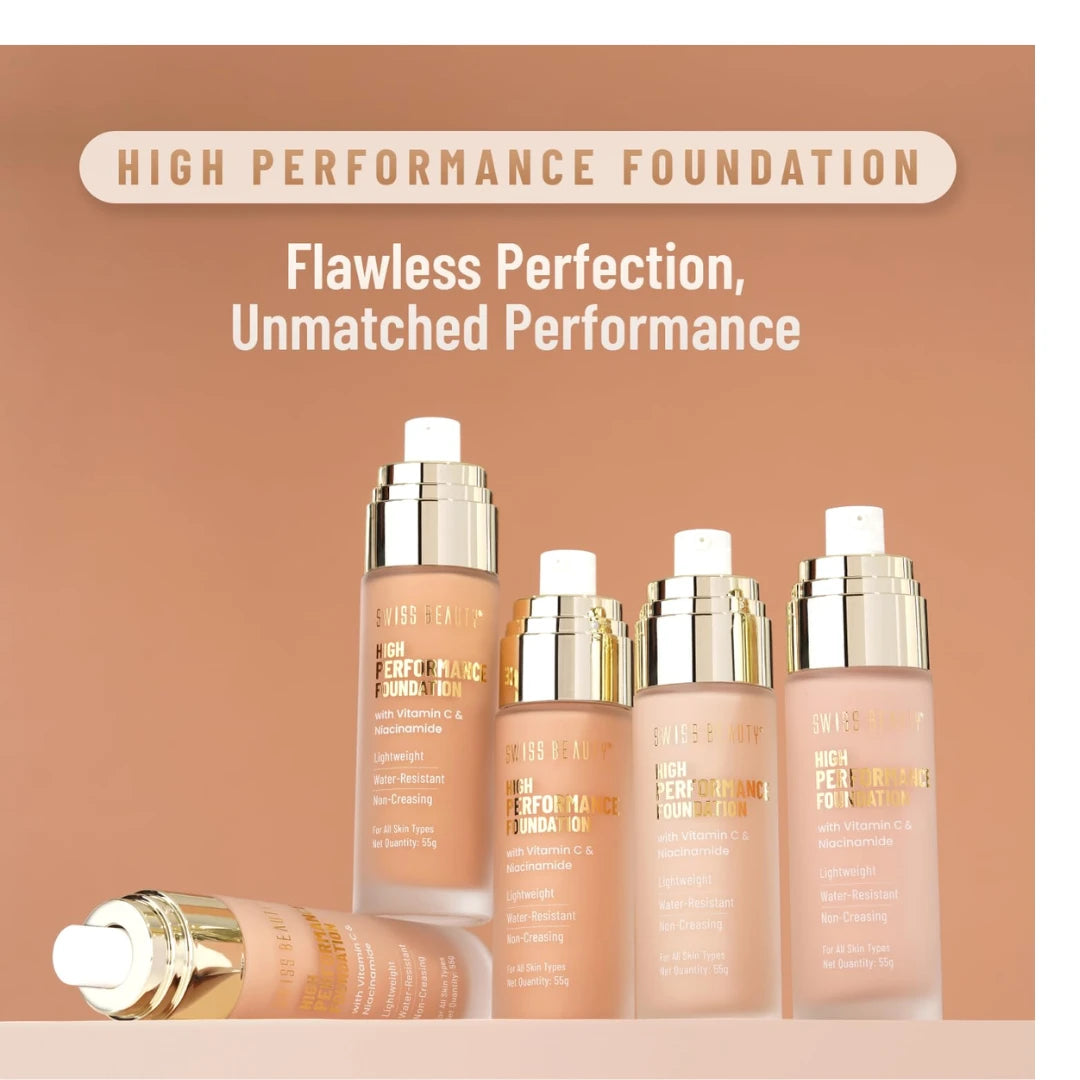 Swiss Beauty High Performance Foundation | Water-Resistant | Medium To Buildable Coverage Liquid Dewy Finish | Lightweight | Easy To Blend | With Vitamin C & Niacinamide | 04 Natural Nude, 55G