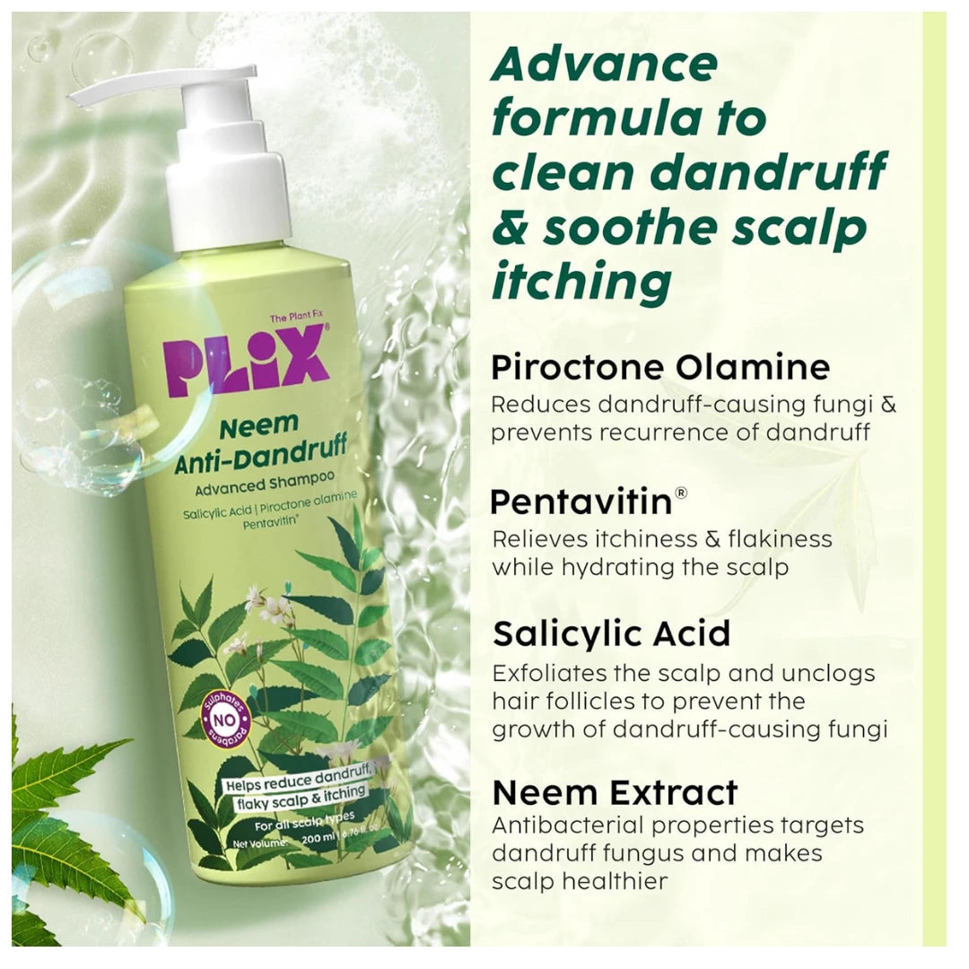 PLIX - THE PLANT FIX Neem Anti-Dandruff Advanced Shampoo | Piractone Olamine & Pentavitin Paraben & Sulphate Free | For Men & Women | 200ml