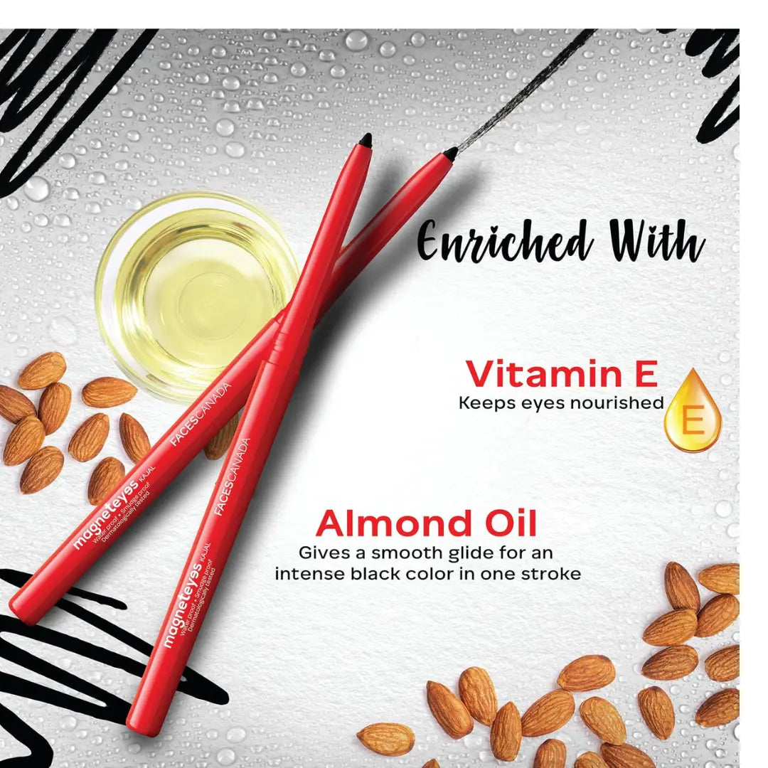 FACESCANADA Magneteyes Kajal Stick - Black, 0.35 Gm | 24 Hr Long Stay | One Stroke Smooth Glide | Waterproof, Smudgeproof & Fadeproof | Deep Matte Finish | Enriched With Almond Oil & Vitamin E